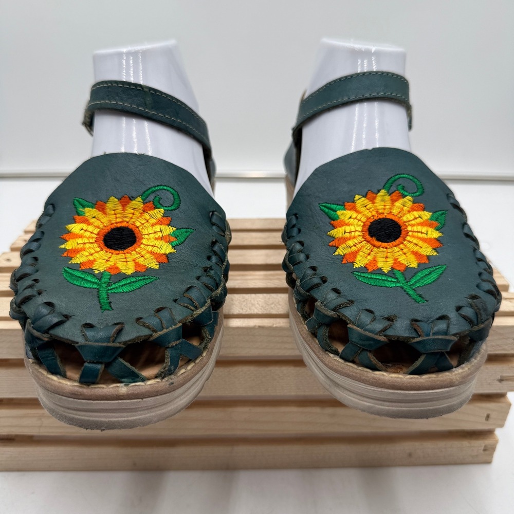 Alegat's Huaraches Mexican Leather Sunflower Embroidered Teal Sandals Women 6 - Picture 3 of 10